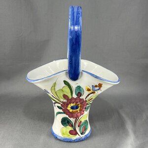 Italian Art Stoneware Ceramic Pottery Glazed Majolica Floral Handled Basket